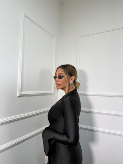 Abito lungo collo camicia in lycra Ivy nero