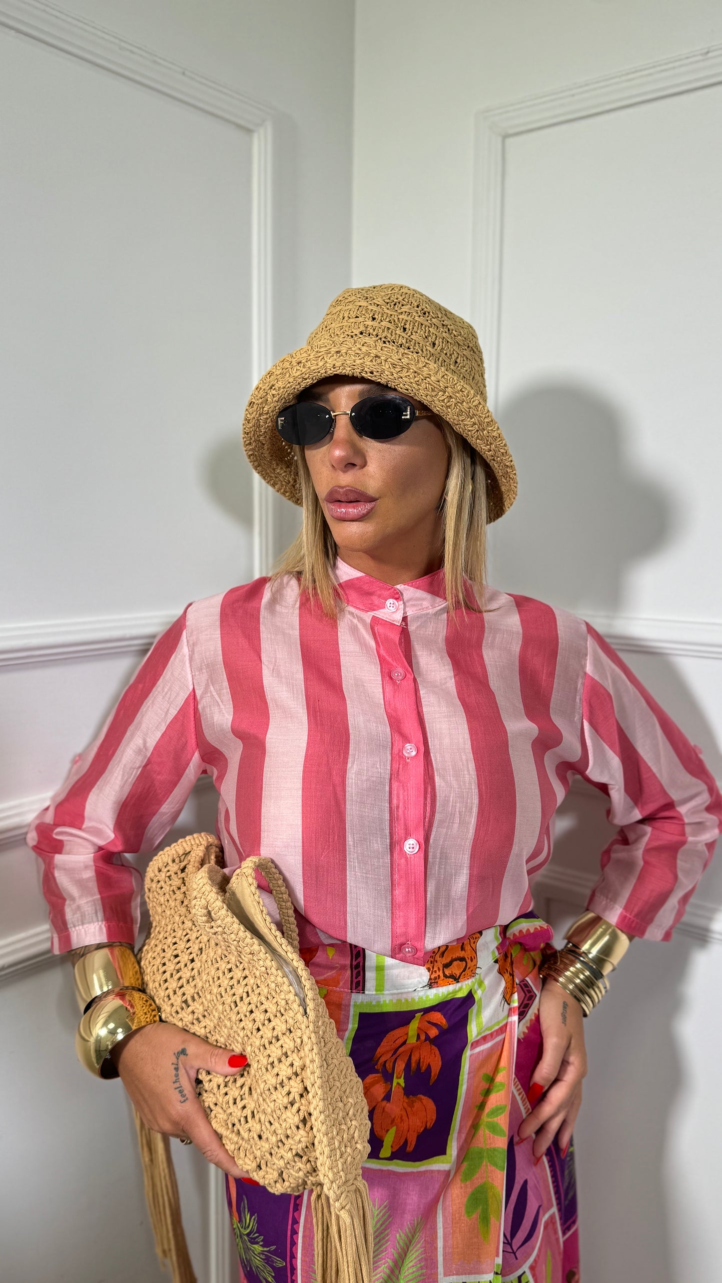 Camicia coreana semi velata a righe Jappo rosa/fucsia 20392