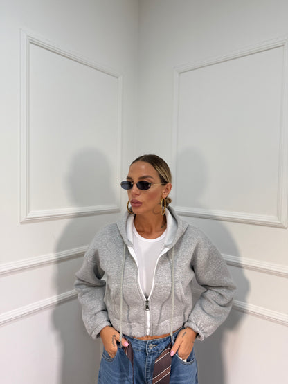 Felpa crop in pile con cappuccio Essential grigio 43763