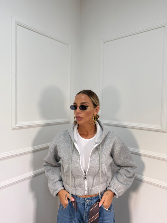 Felpa crop in pile con cappuccio Essential grigio 43763