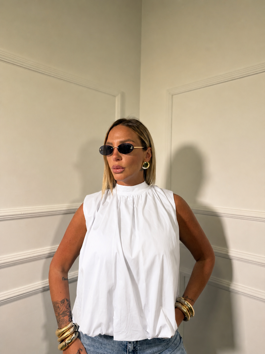 Blusa balloon in cotone con fiocco sul retro Numa bianca 31078