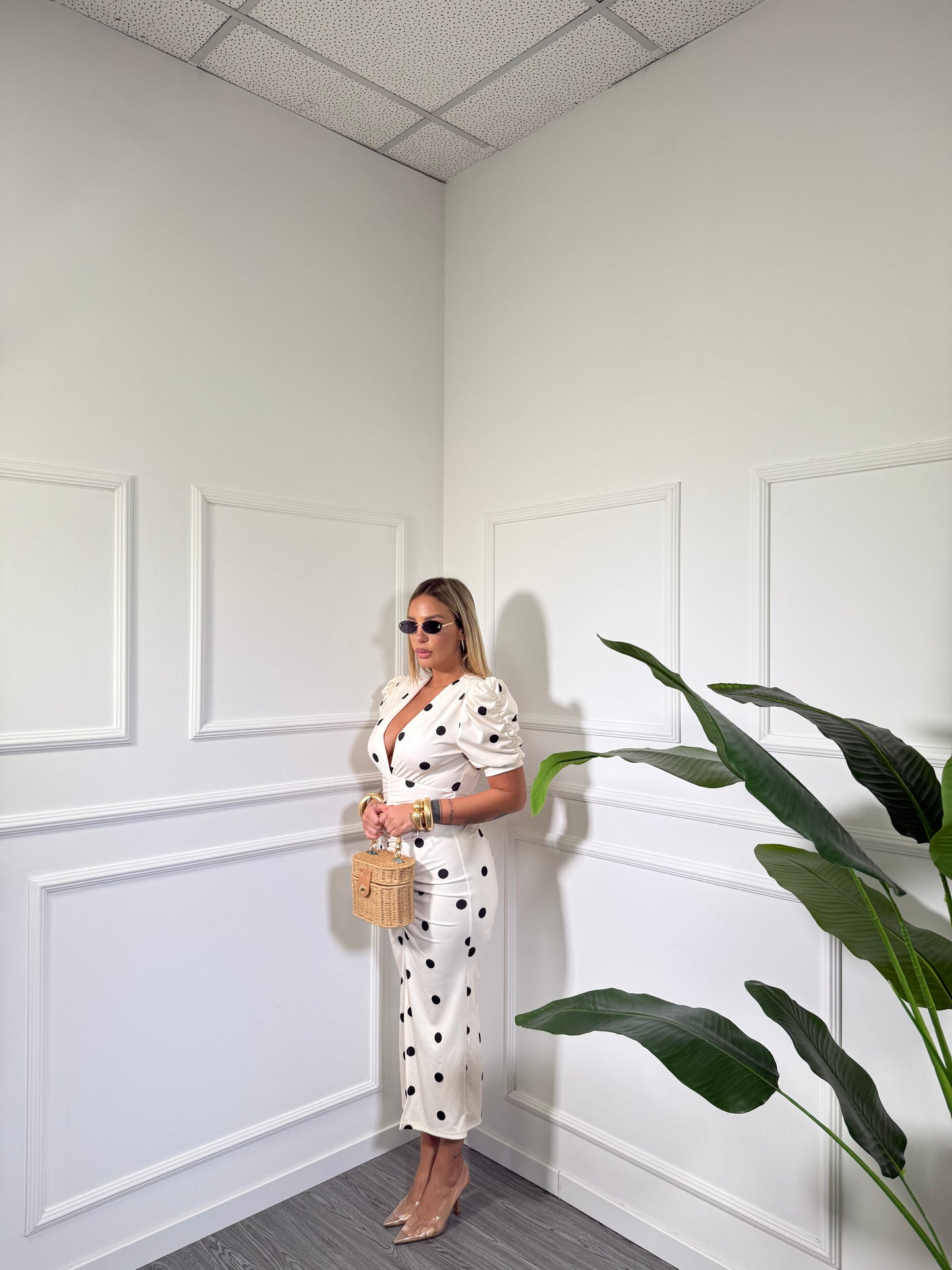 Abito midi in lycra con spalline Sunrise pois panna 6992