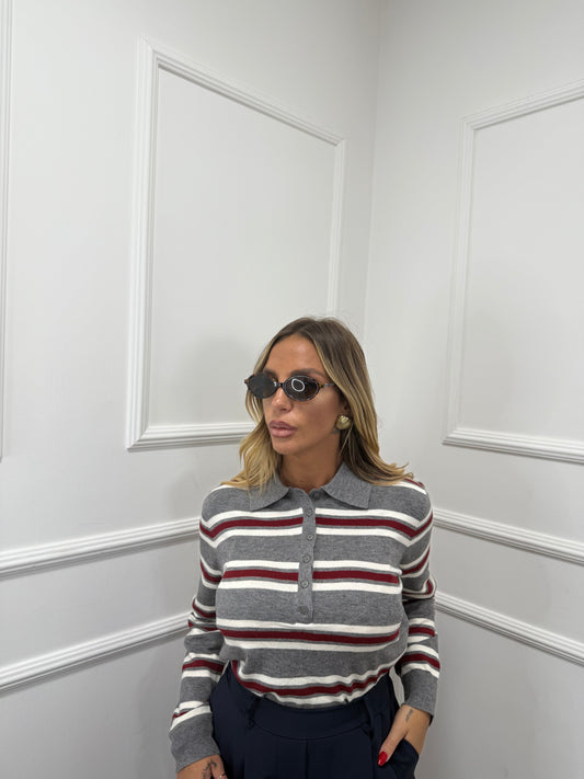 Polo in lana pettinata Connie grigia/bordeaux ych7138 premium quality