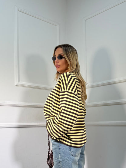 Shirt in cotone garzato manica campana Cindy giallo/cacao f1109