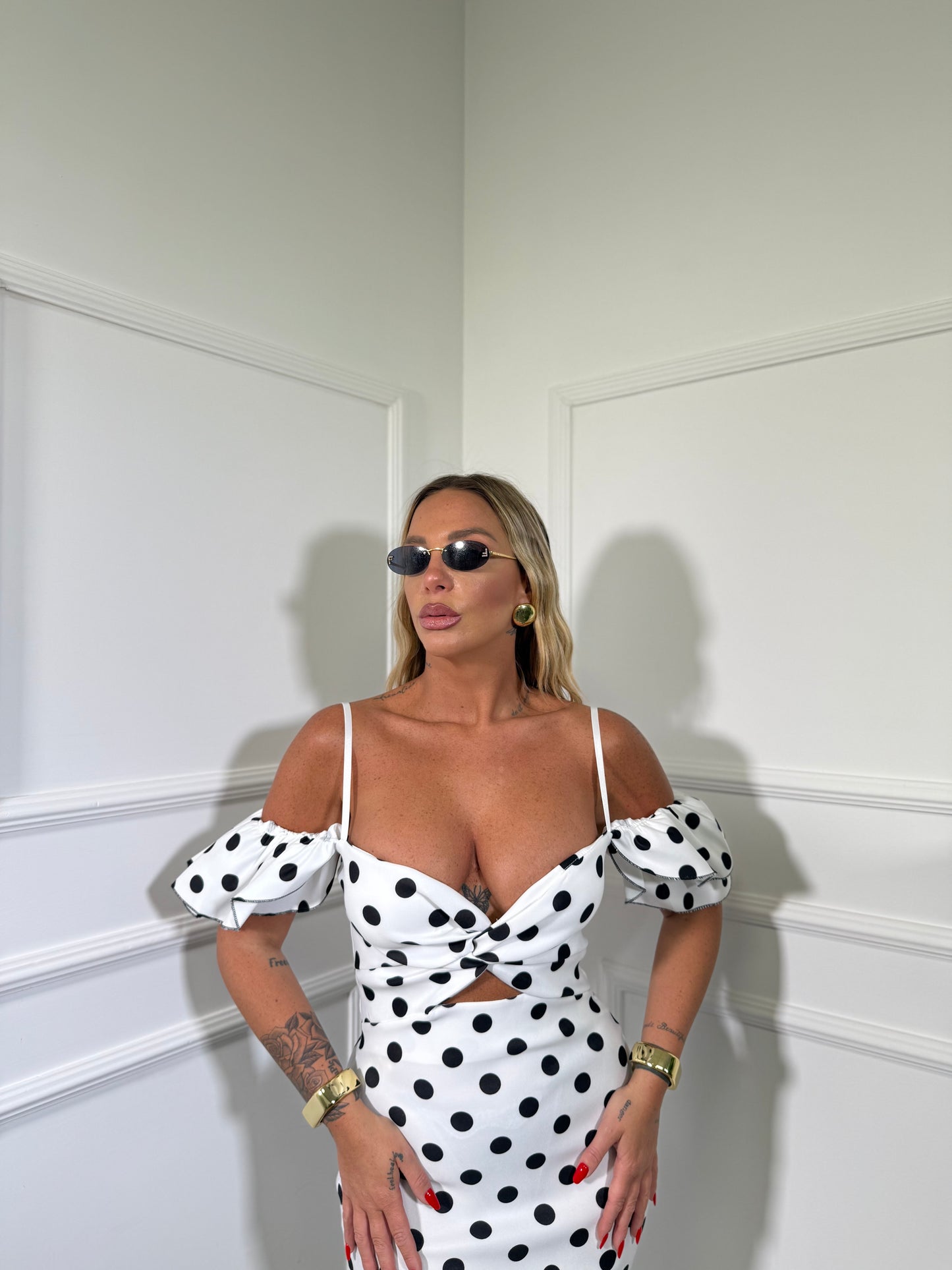 Abito midi cut out a pois Brenda bianco 27873