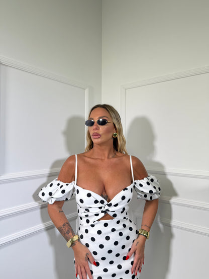 Abito midi cut out a pois Brenda bianco 27873