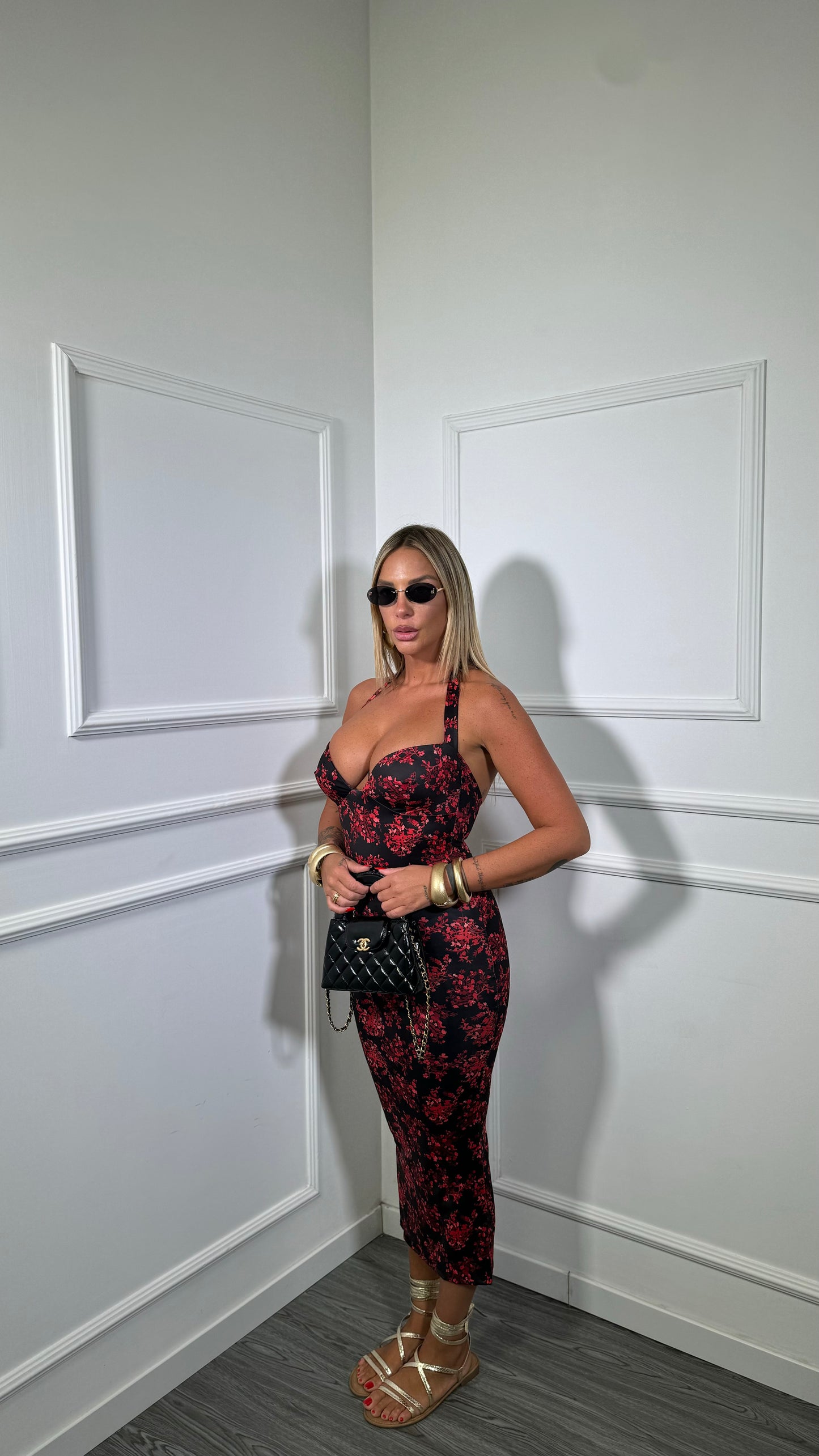 Abito tubino midi in lycra floreale Manila nero V-20464