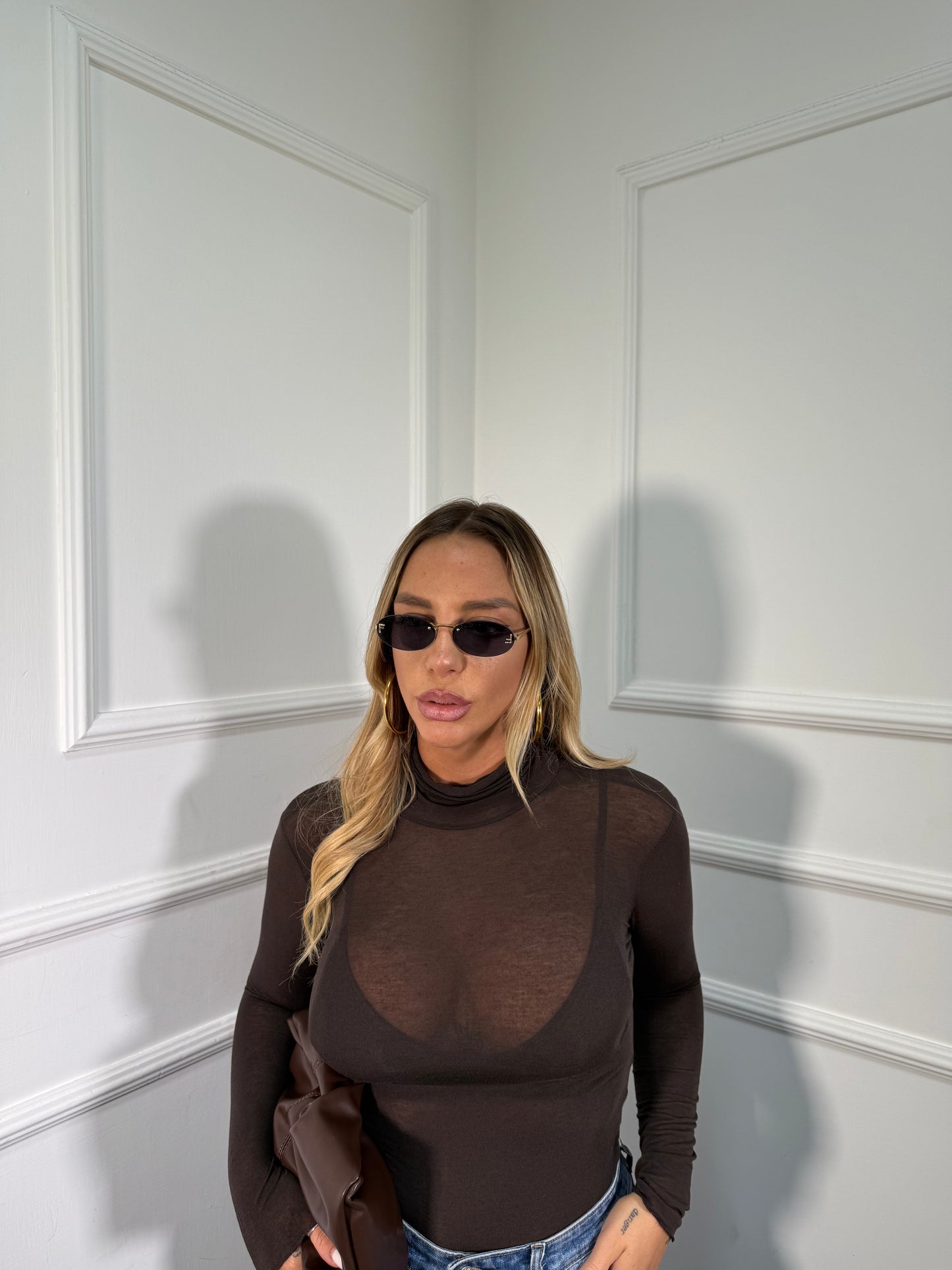 Shirt semi velata collo alto Jolly cioccolato misto cashmere 28029