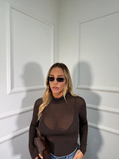 Shirt semi velata collo alto Jolly cioccolato misto cashmere 28029