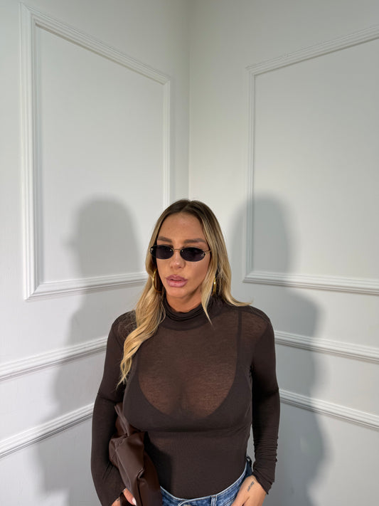 Shirt semi velata collo alto Jolly cioccolato misto cashmere 28029