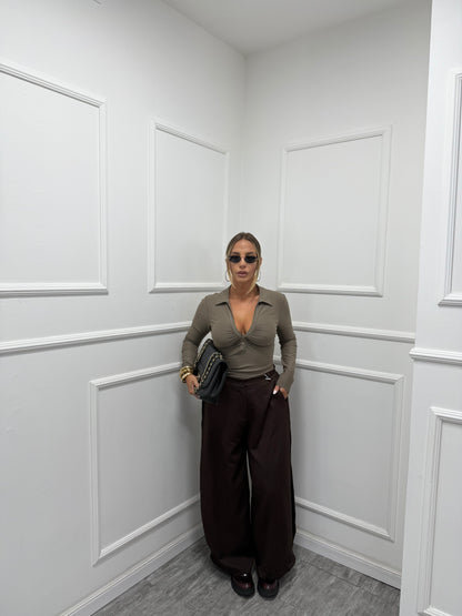 Pantaloni palazzo balloon con piegone laterale cioccolato m13356