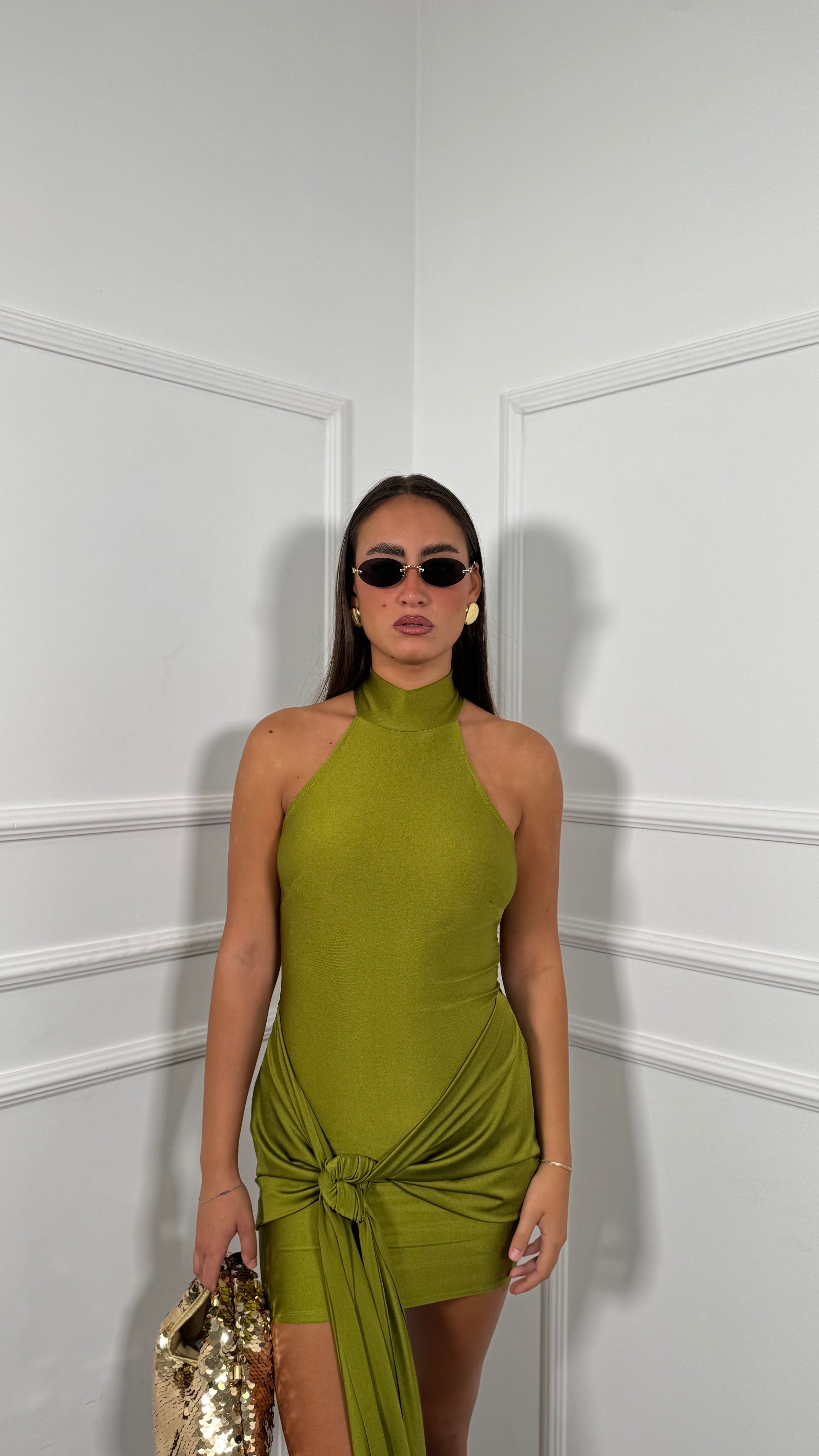Abito corto in lycra con fusciacca Ashanty verde acido