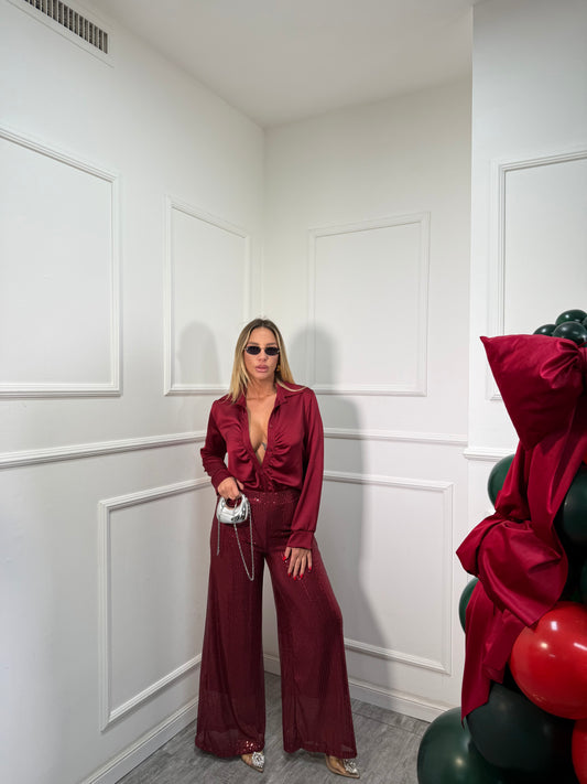 Pantaloni palazzo micro paillettes bordeaux 30696