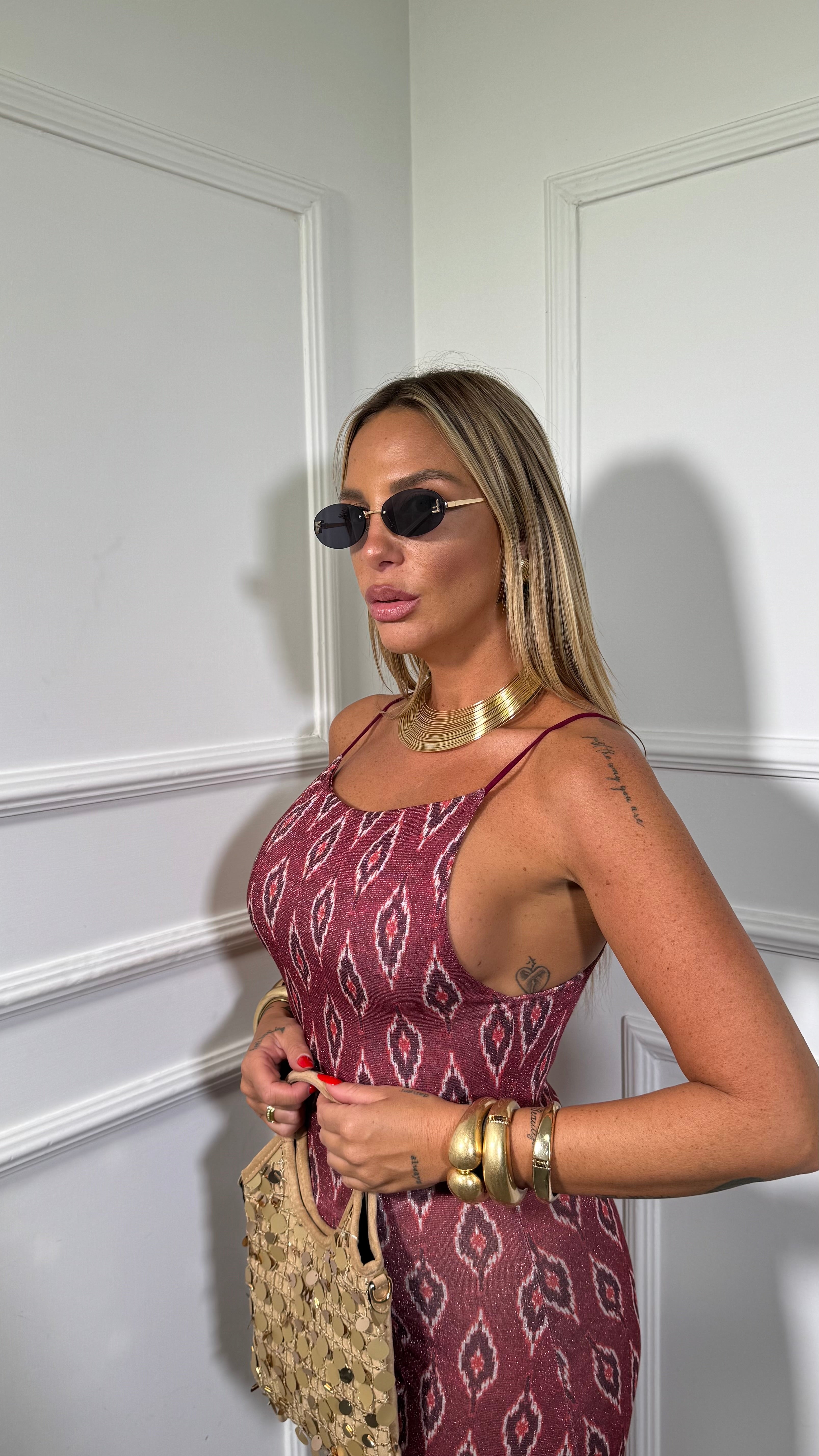 Abito midi in lurex Rombi fondo bordeaux