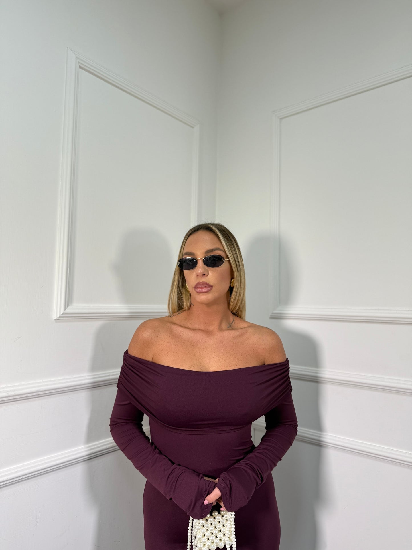 Abito midi in lycra scollo a barca Nilufar borgogna 13351