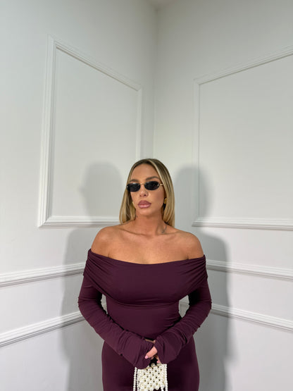 Abito midi in lycra scollo a barca Nilufar borgogna 13351