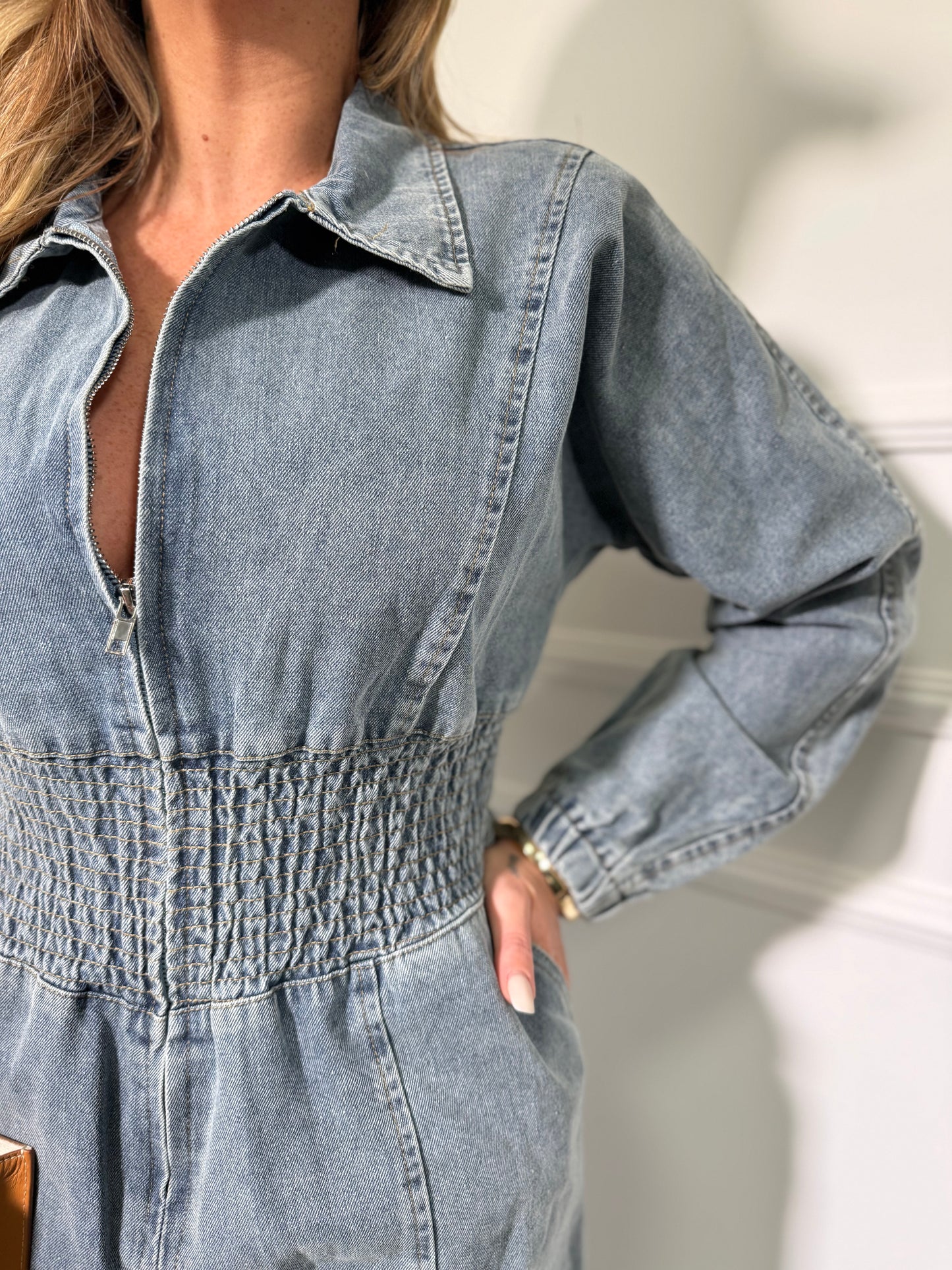 Jumpsuit in denim con elastico e zip lavaggio medio Zendaya 5066
