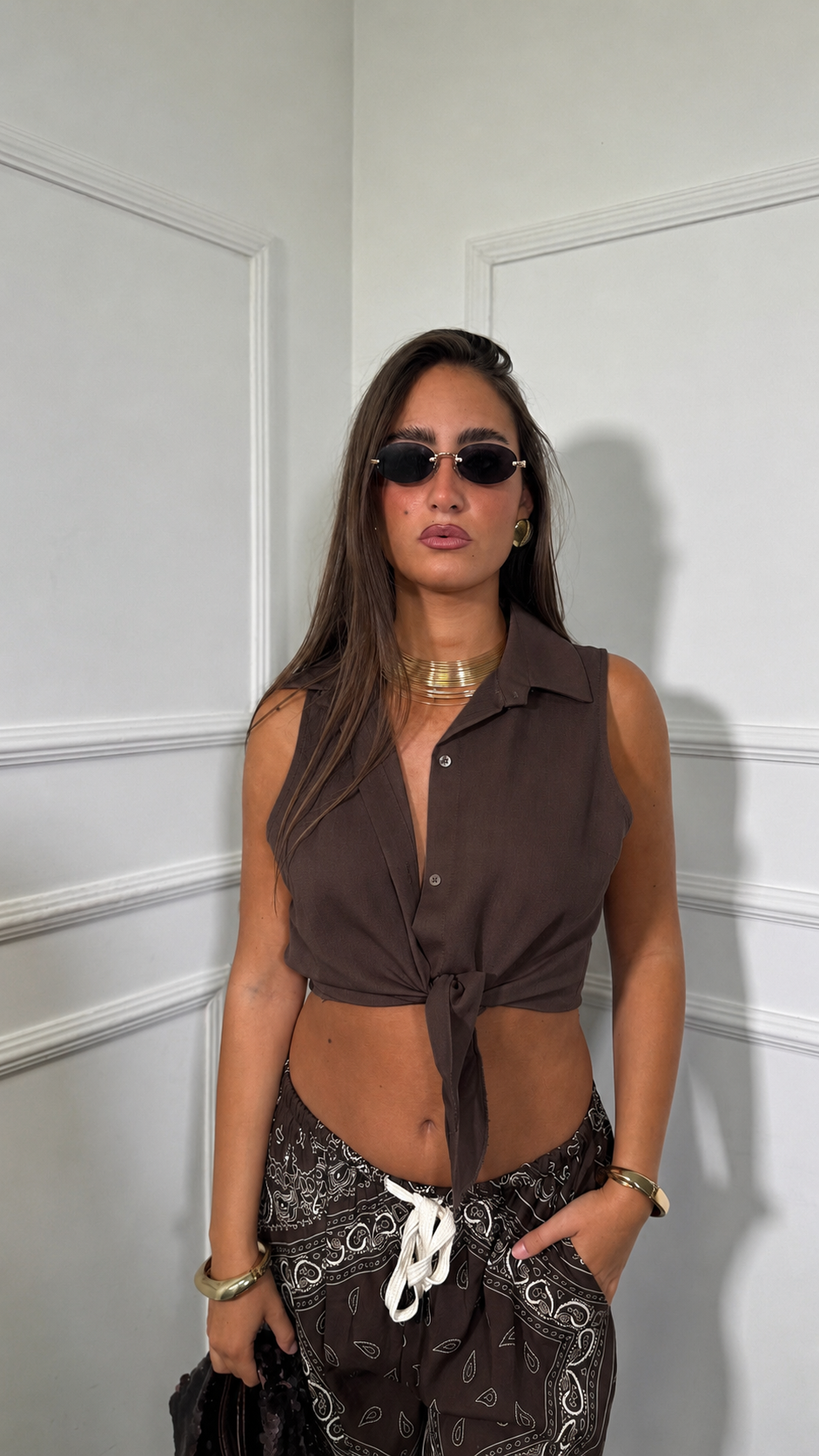 Camicia Crop con nodo cioccolato 1060