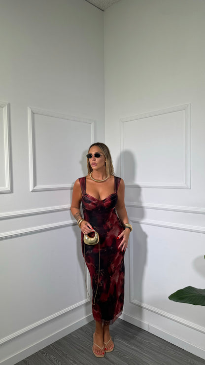 Abito midi a tubino in chiffon tie-dye Saranda rosso 40552