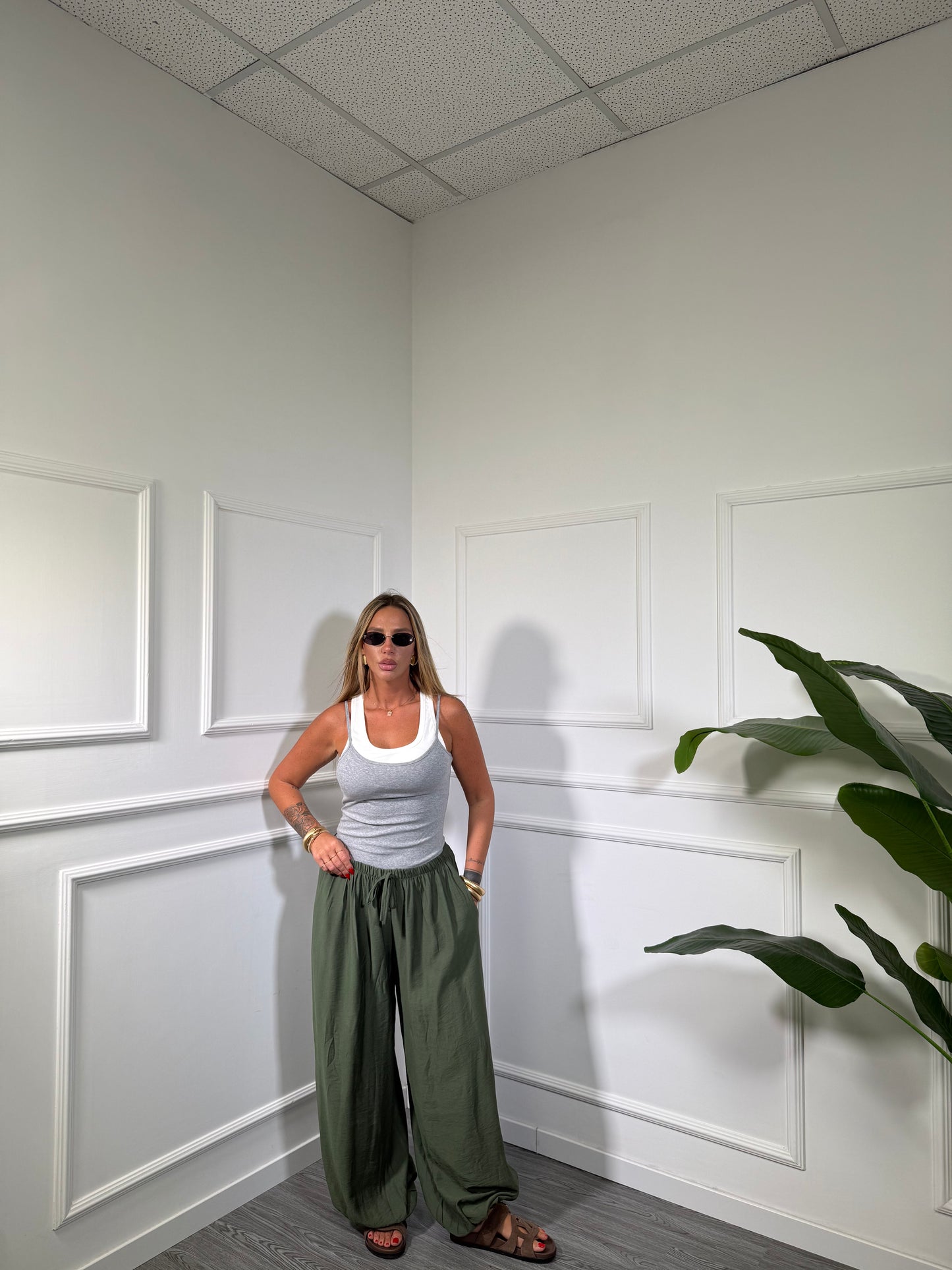 Pantaloni balloon misto lino(Curvy) Lulú verde militare 15916