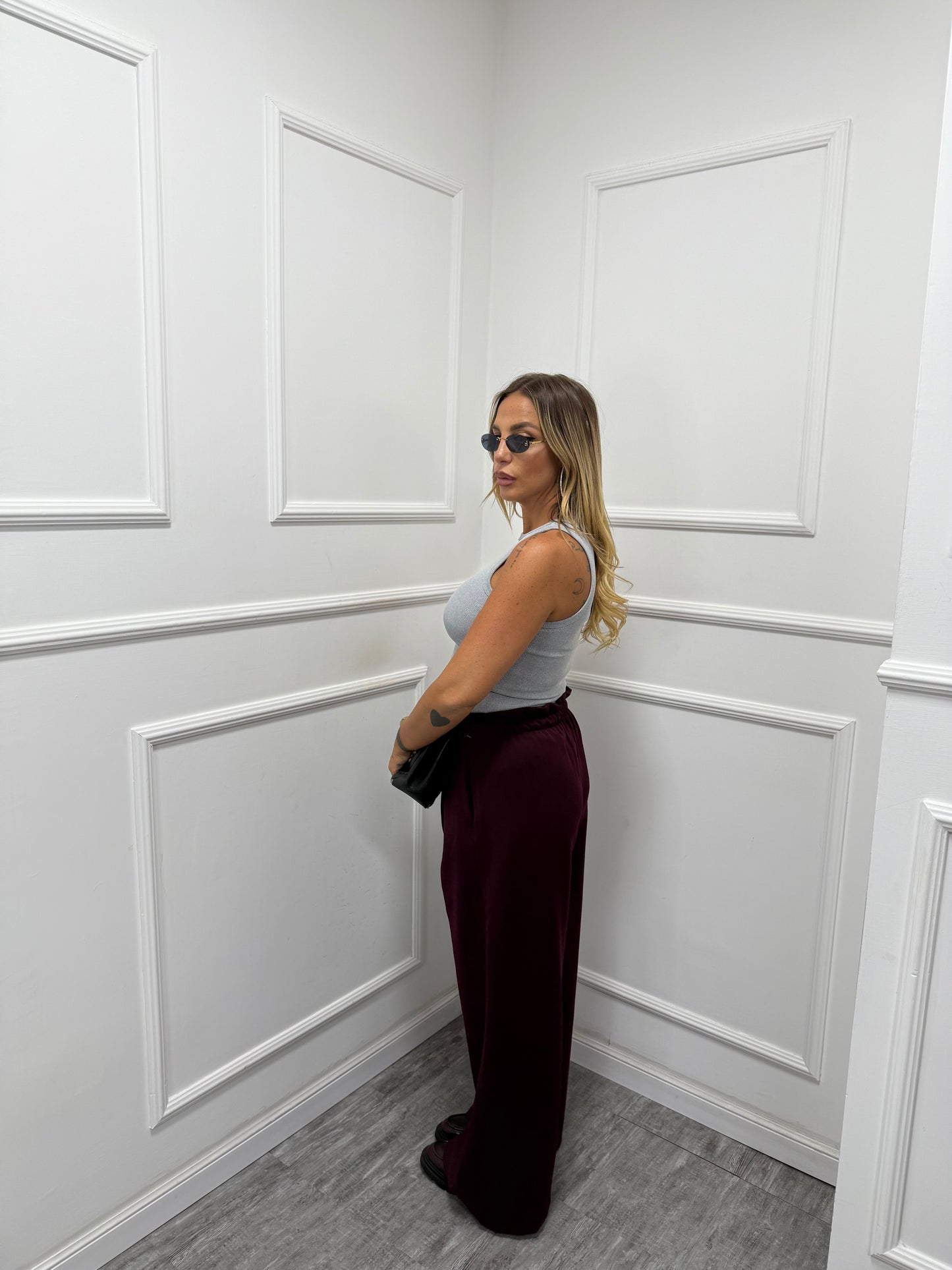 Pantaloni palazzo bustino asimmetrico Citylife vinaccia 12728