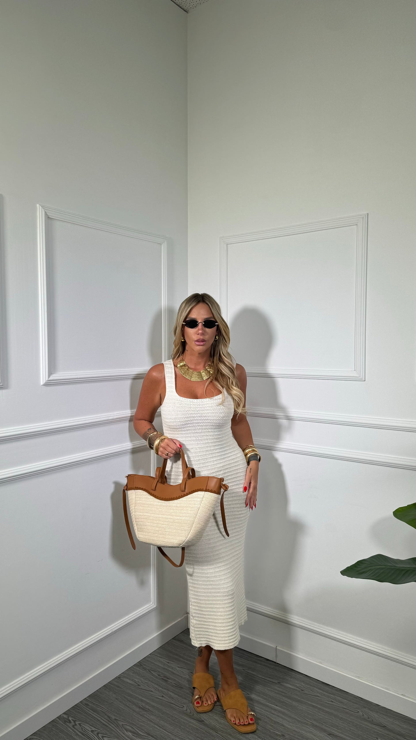 Abito midi in crochet scollo squadrato Dominique canapa