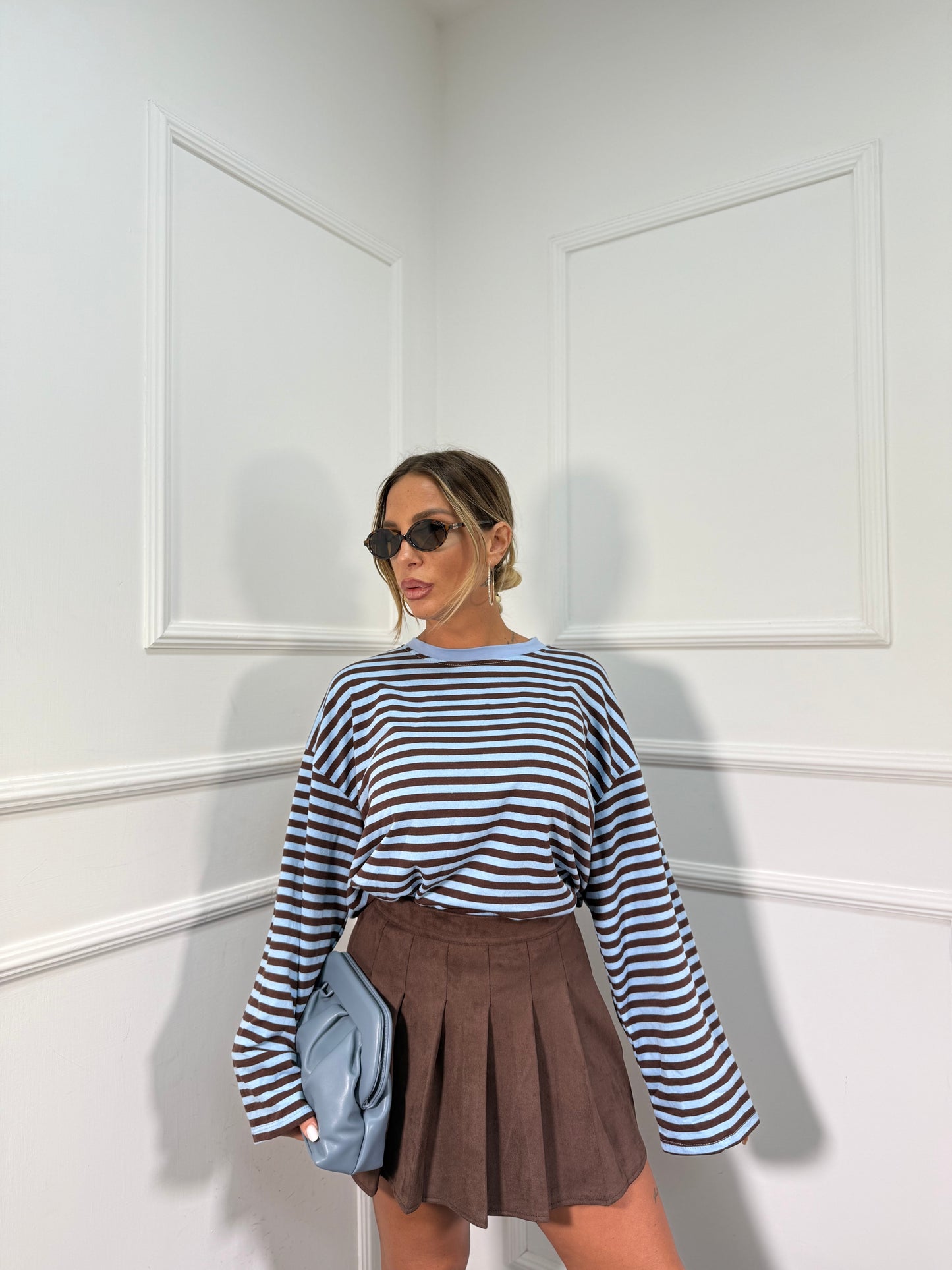 Shirt in cotone garzato manica campana Cindy azzurra/cacao f1109