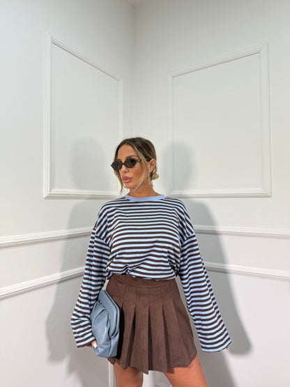 Shirt in cotone garzato manica campana Cindy azzurra/cacao f1109