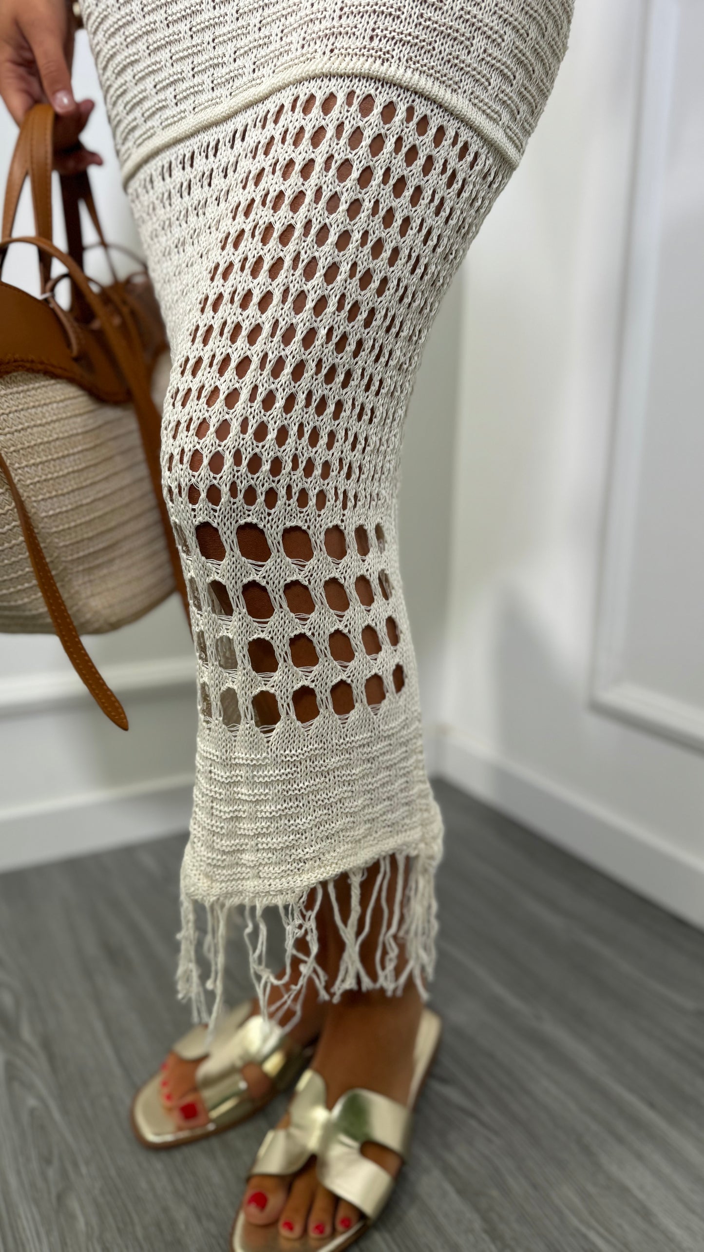 Abito midi in macramè con frange Kyra canapa 4352