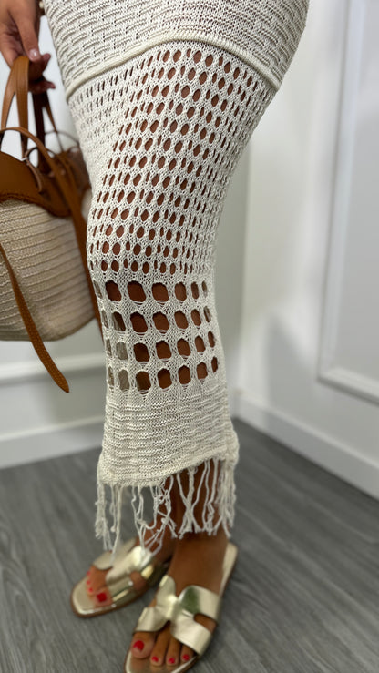Abito midi in macramè con frange Kyra canapa 4352