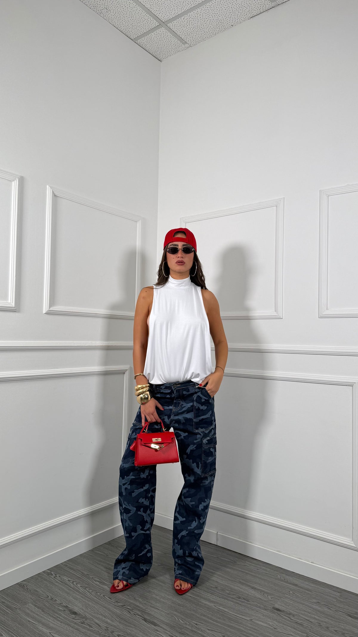 Jeans palazzo cargo militare lavaggio scuro l1110