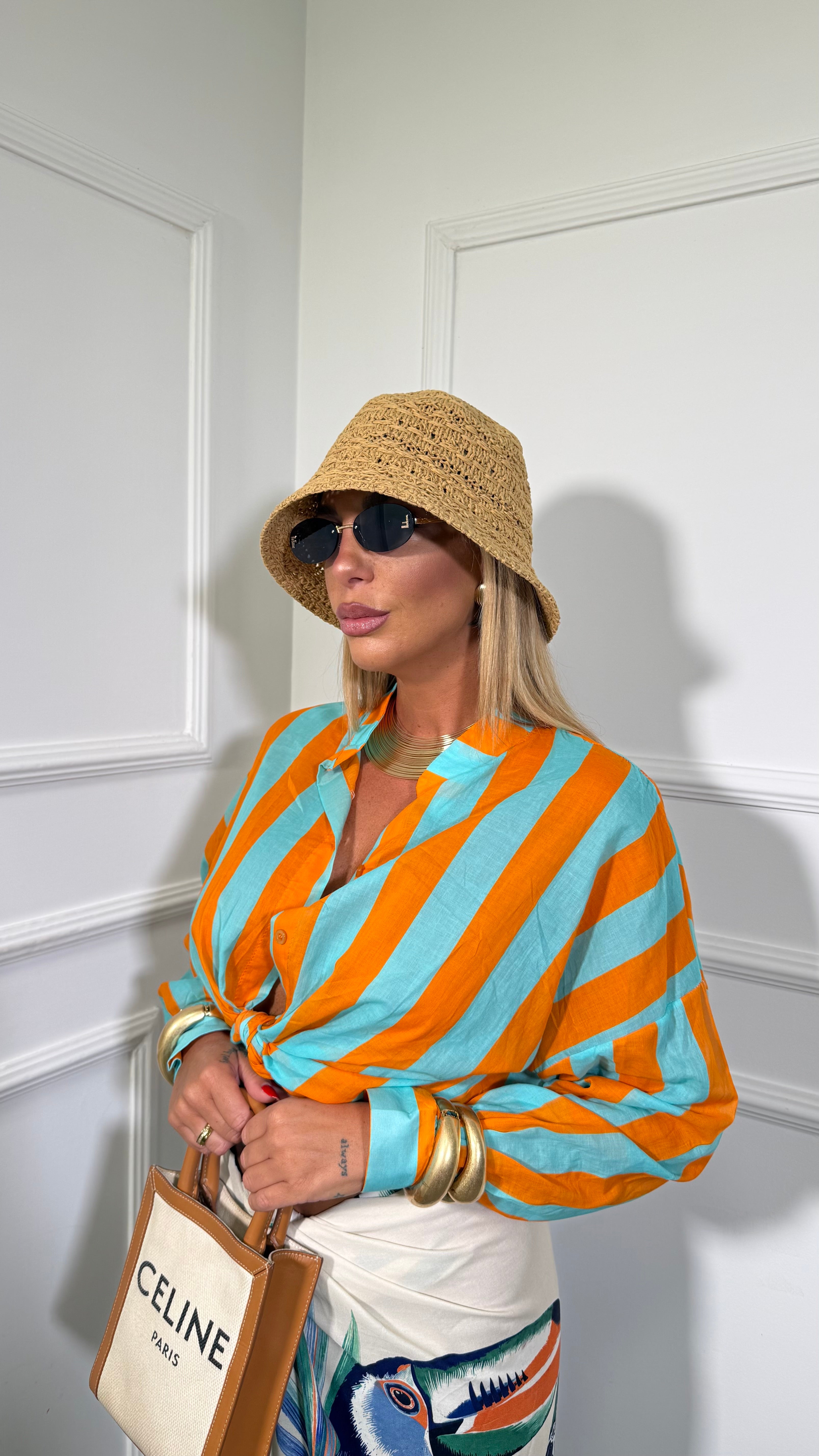 Camicia semi velata a righe larghe collo coreana verde acqua/arancio 6568