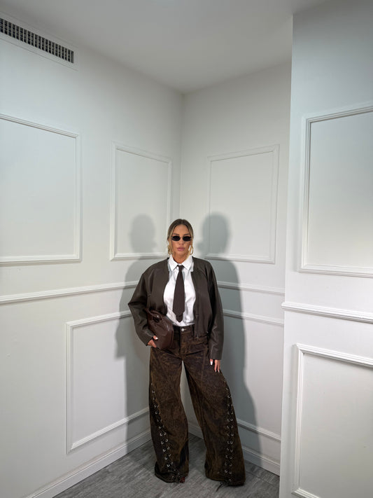 Jeans balloon stringato velluto e denim verde 6633