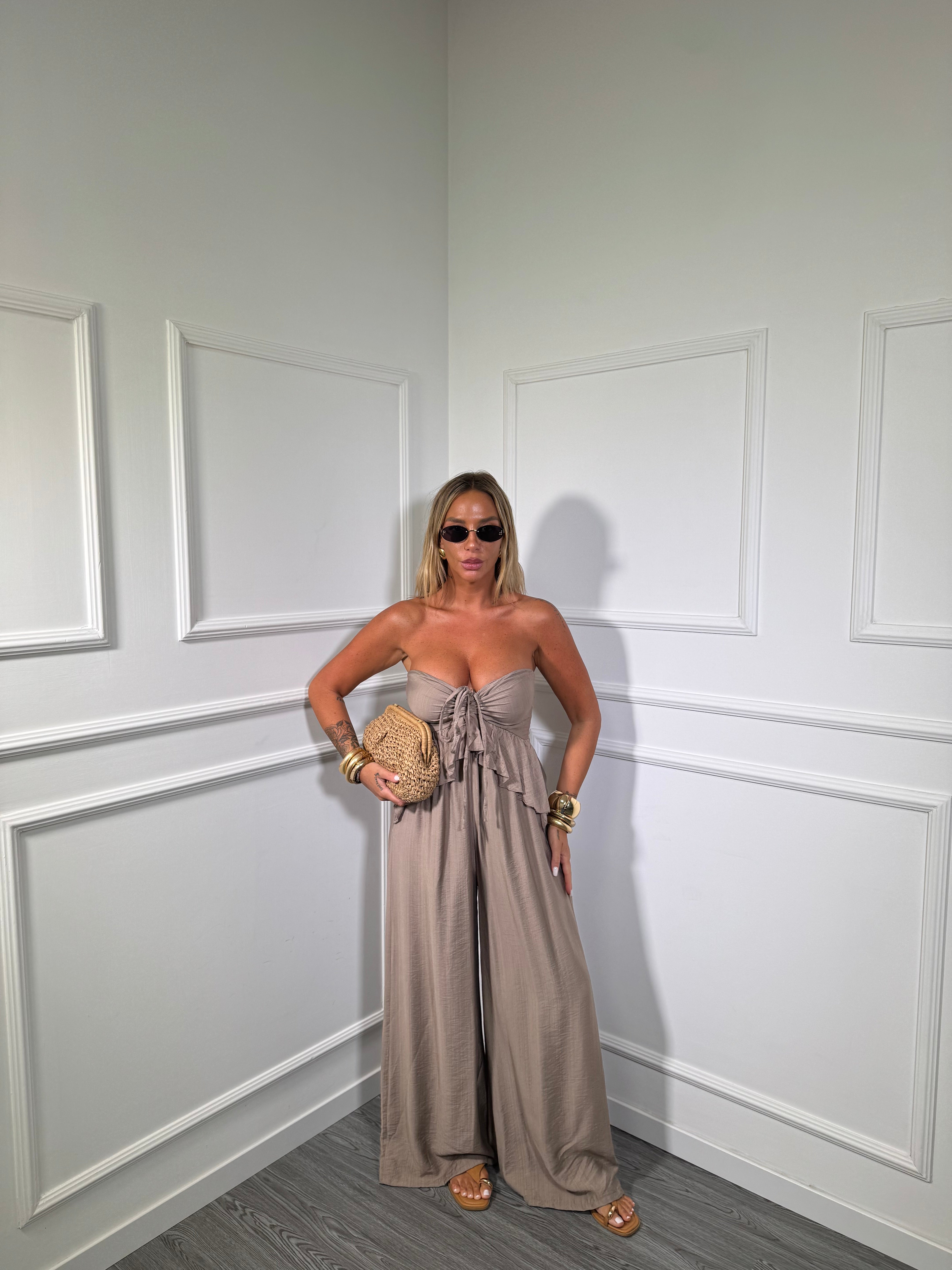 Jumpsuit palazzo in viscosa con rouges taupe 51700