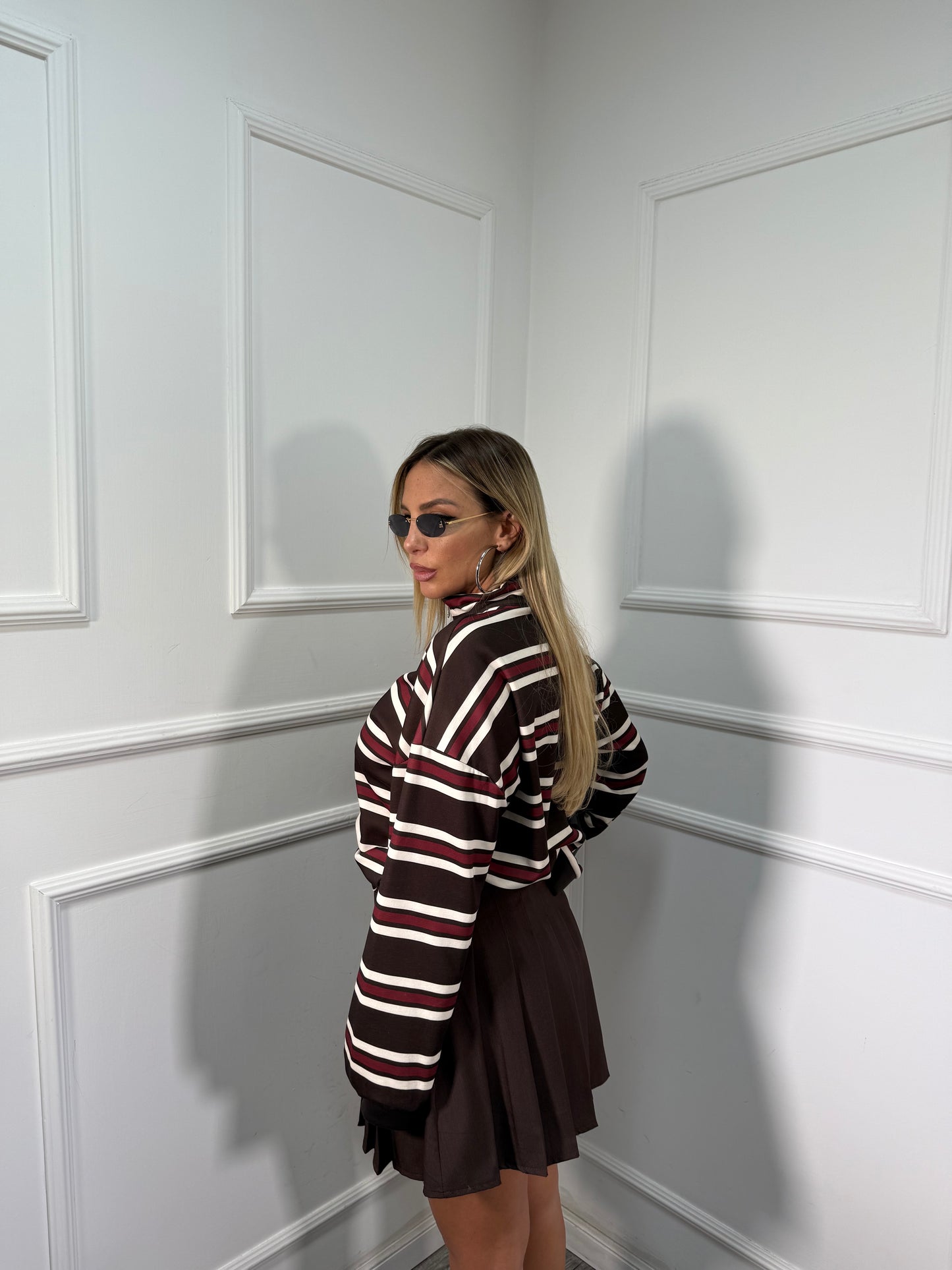 Felpa con zip in pile cioccolato/bordeaux 6086