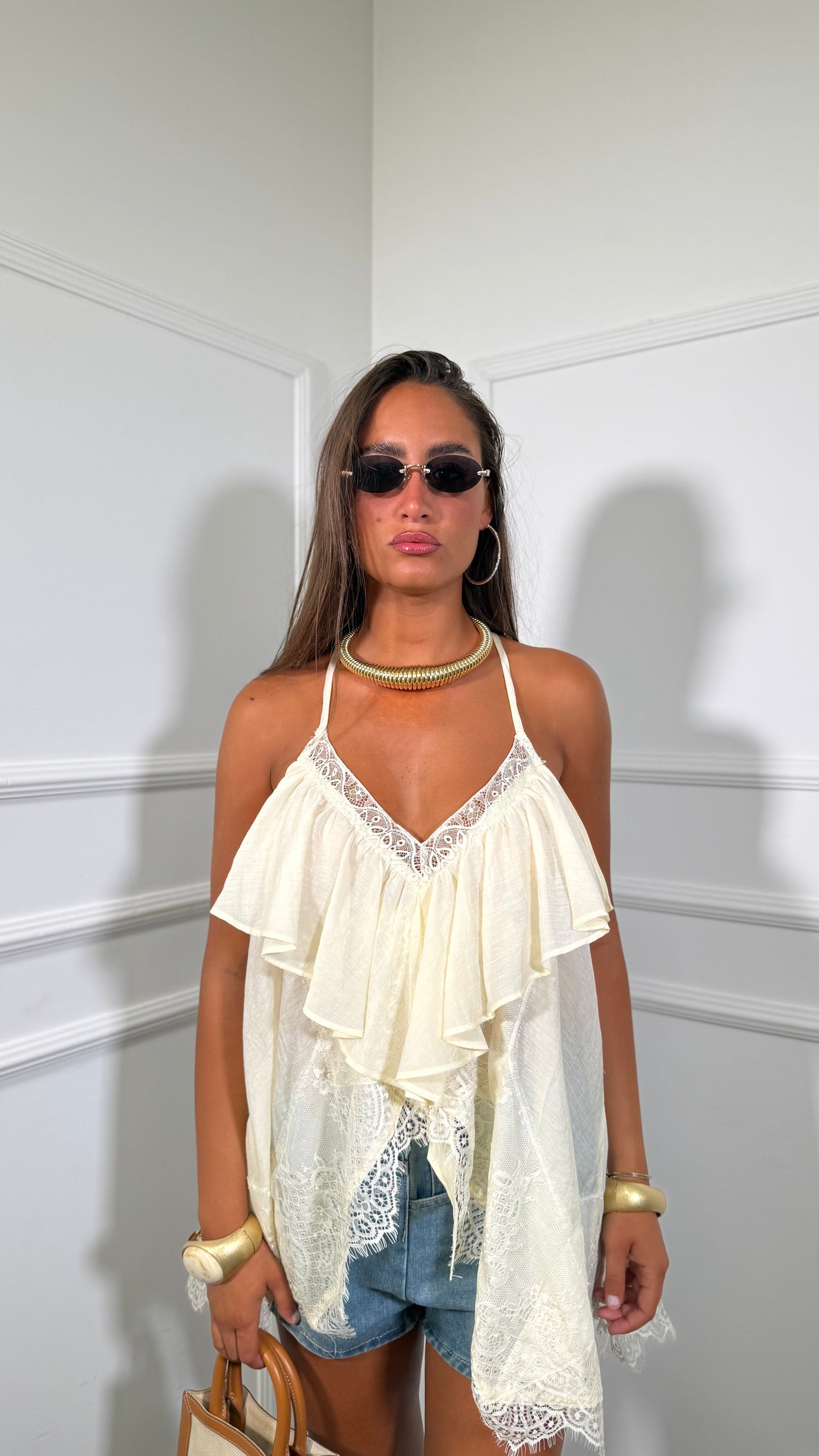 Top in chiffon con pizzo Anacapri burro l2612