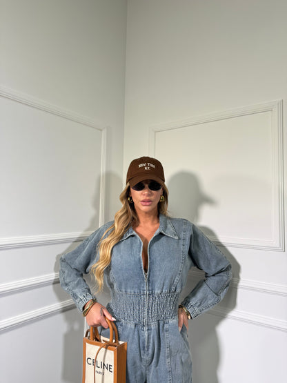 Jumpsuit in denim con elastico e zip lavaggio medio Zendaya 5066