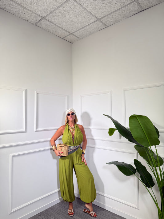 Jumpsuit balloon in viscosa con bandana Serenity verde acido 50578