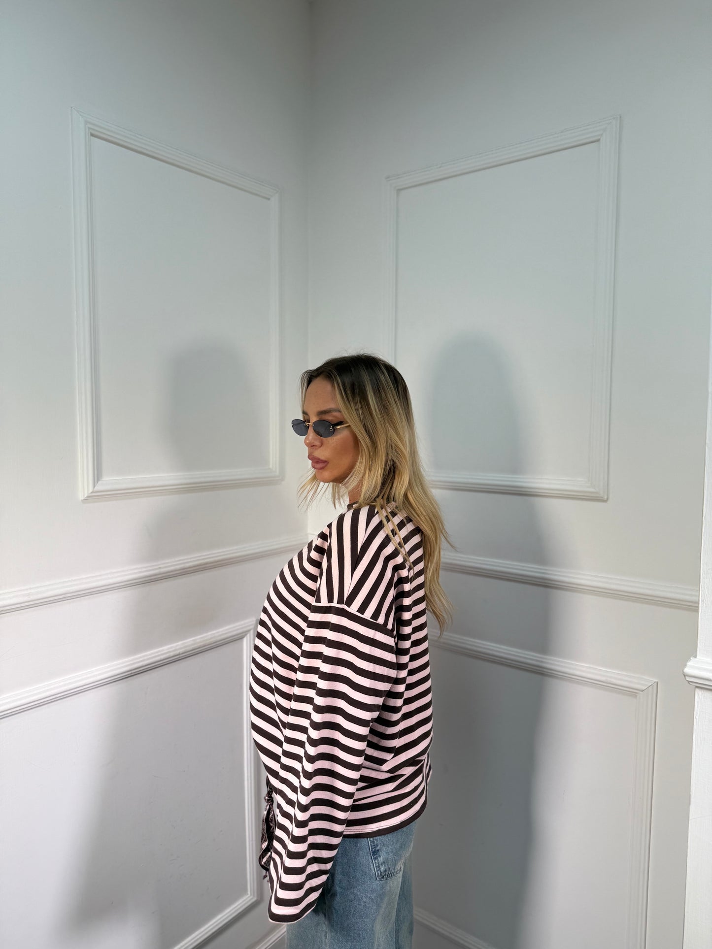 Shirt in cotone garzato manica campana Cindy cacao/rosa f1109