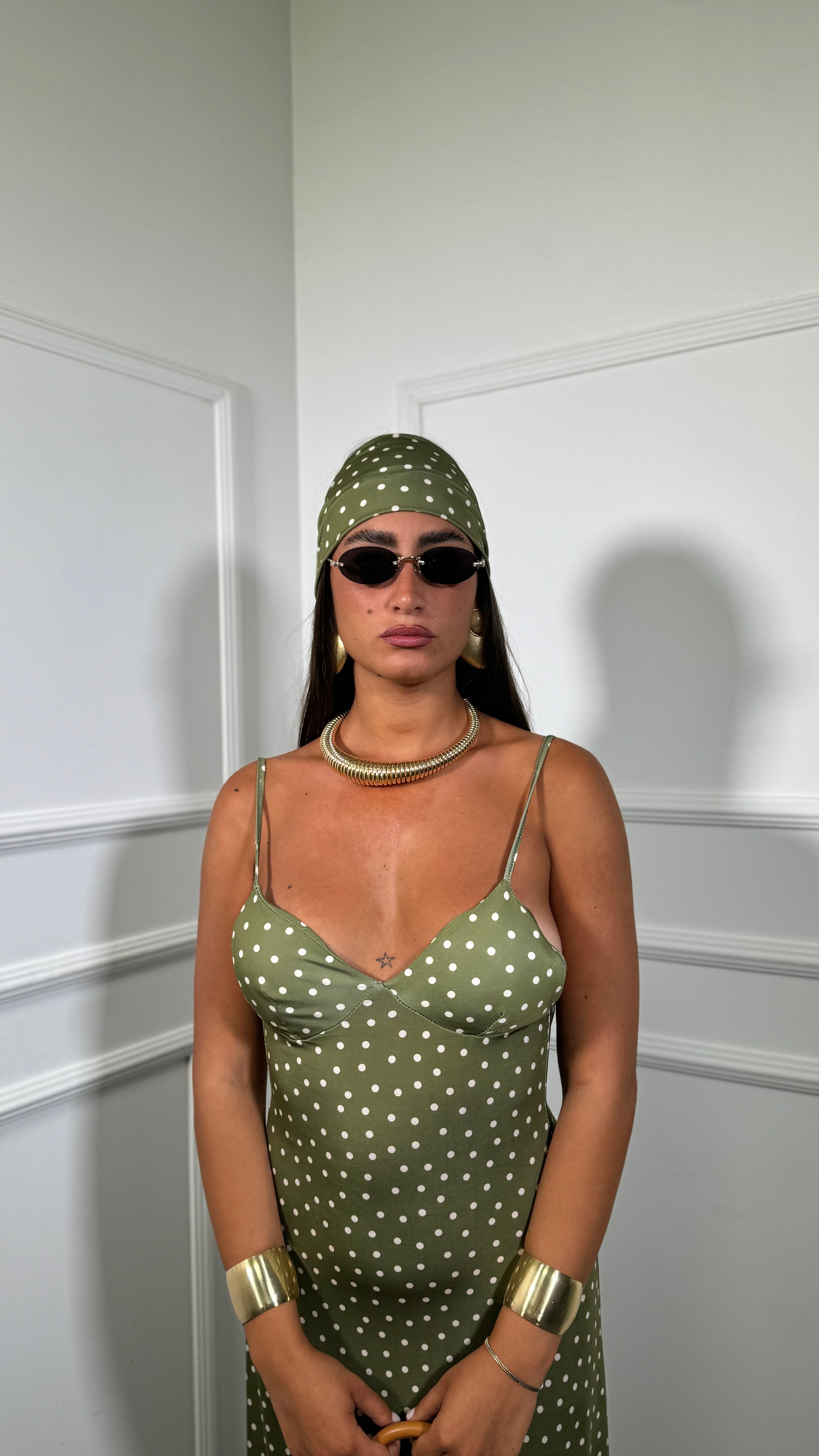Abito midi in lycra a pois con fusciacca Kalispera verde avocado 6008