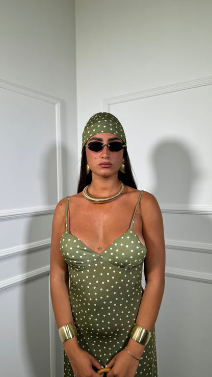 Abito midi in lycra a pois con fusciacca Kalispera verde avocado 6008