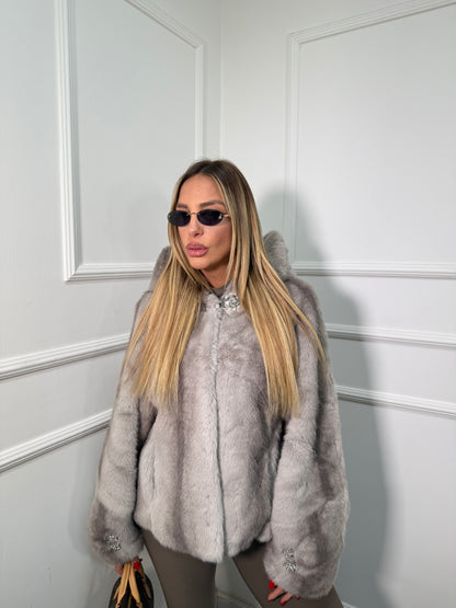 Ecofur con cappuccio e swarovsky Arya ghiaccio 5504