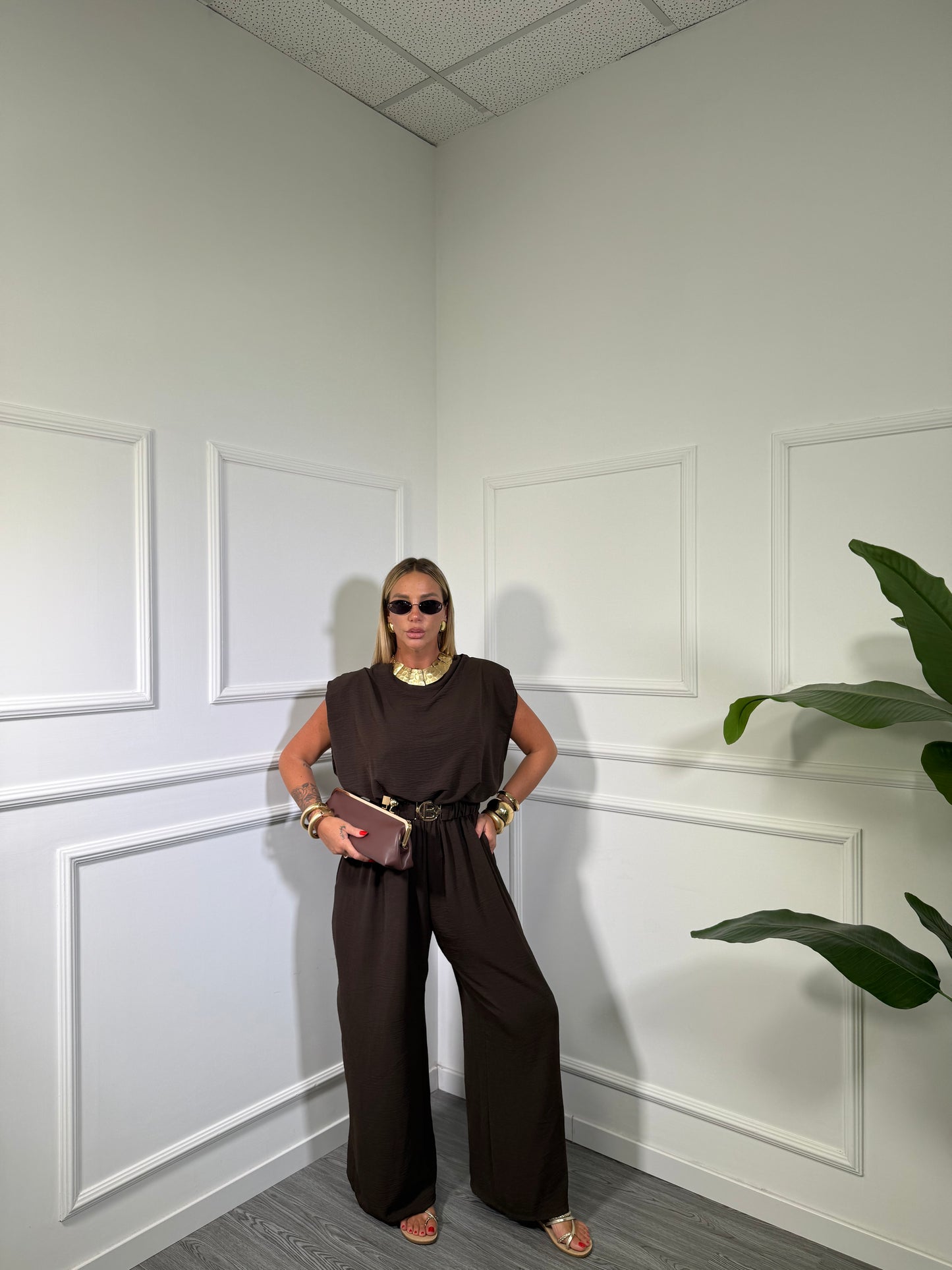 Jumpsuit in viscosa con cintura (CURVY) cioccolato in125431