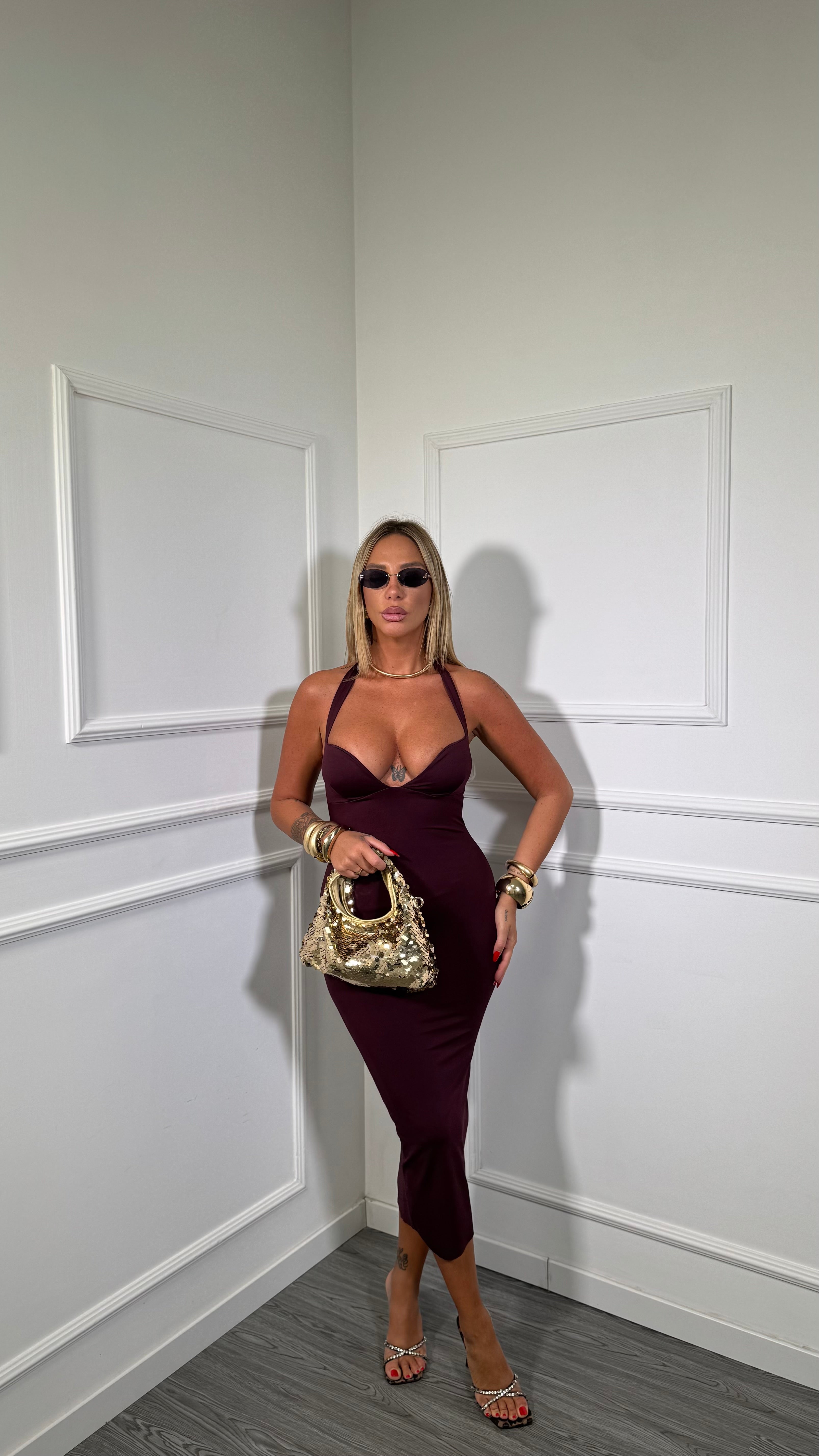 Abito midi in lycra Rochè borgogna