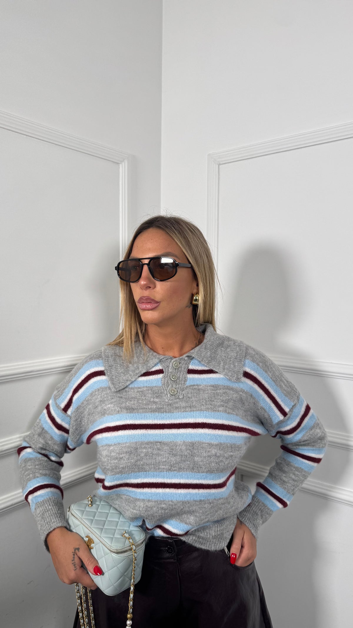 Polo misto lana a righe grigio/bordeaux