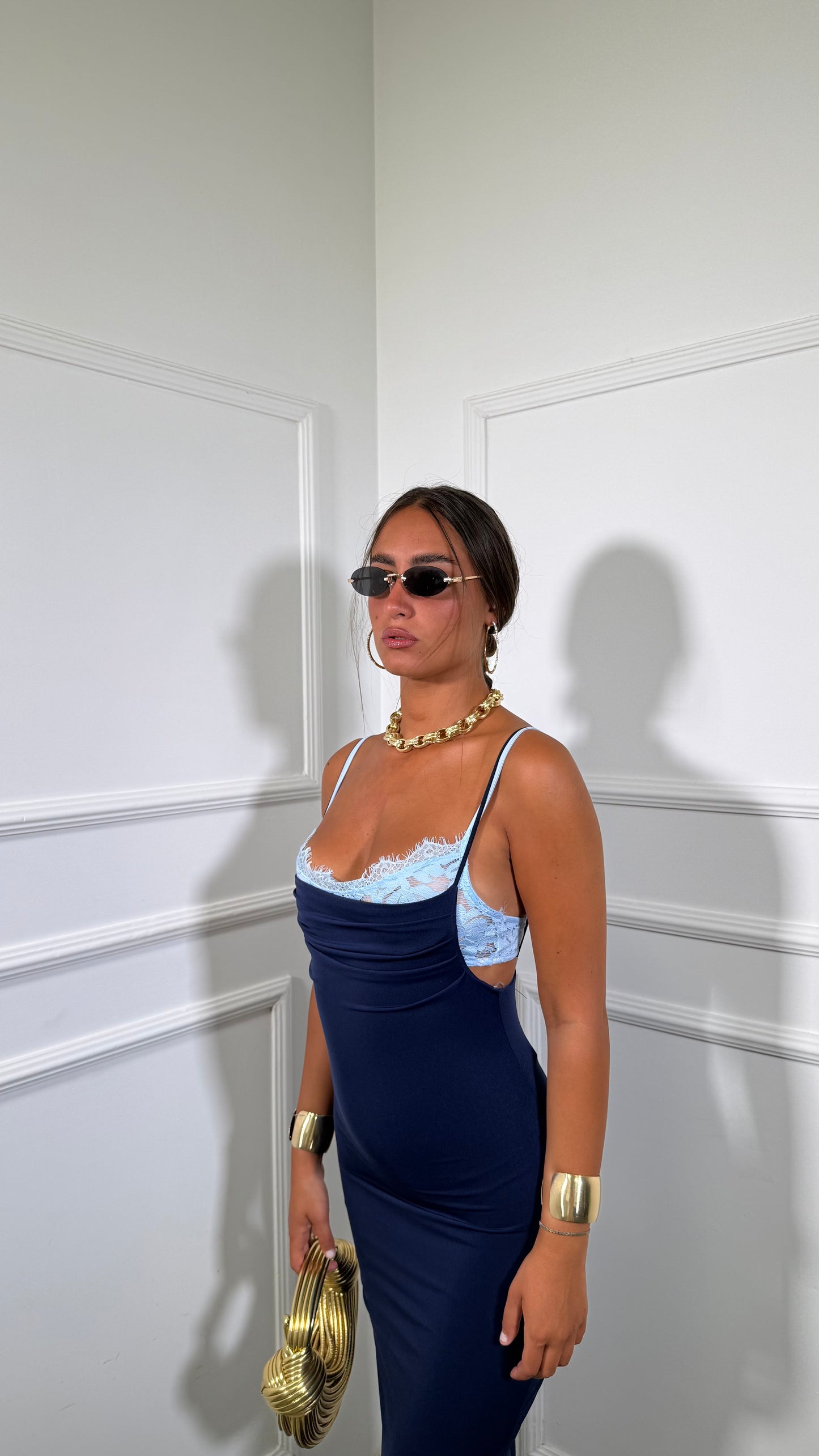 Abito lungo in lycra con bralette in pizzo blu 6073