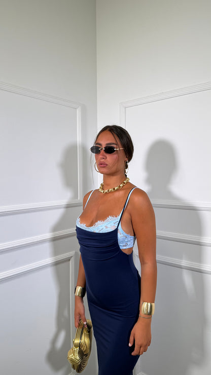 Abito lungo in lycra con bralette in pizzo blu 6073