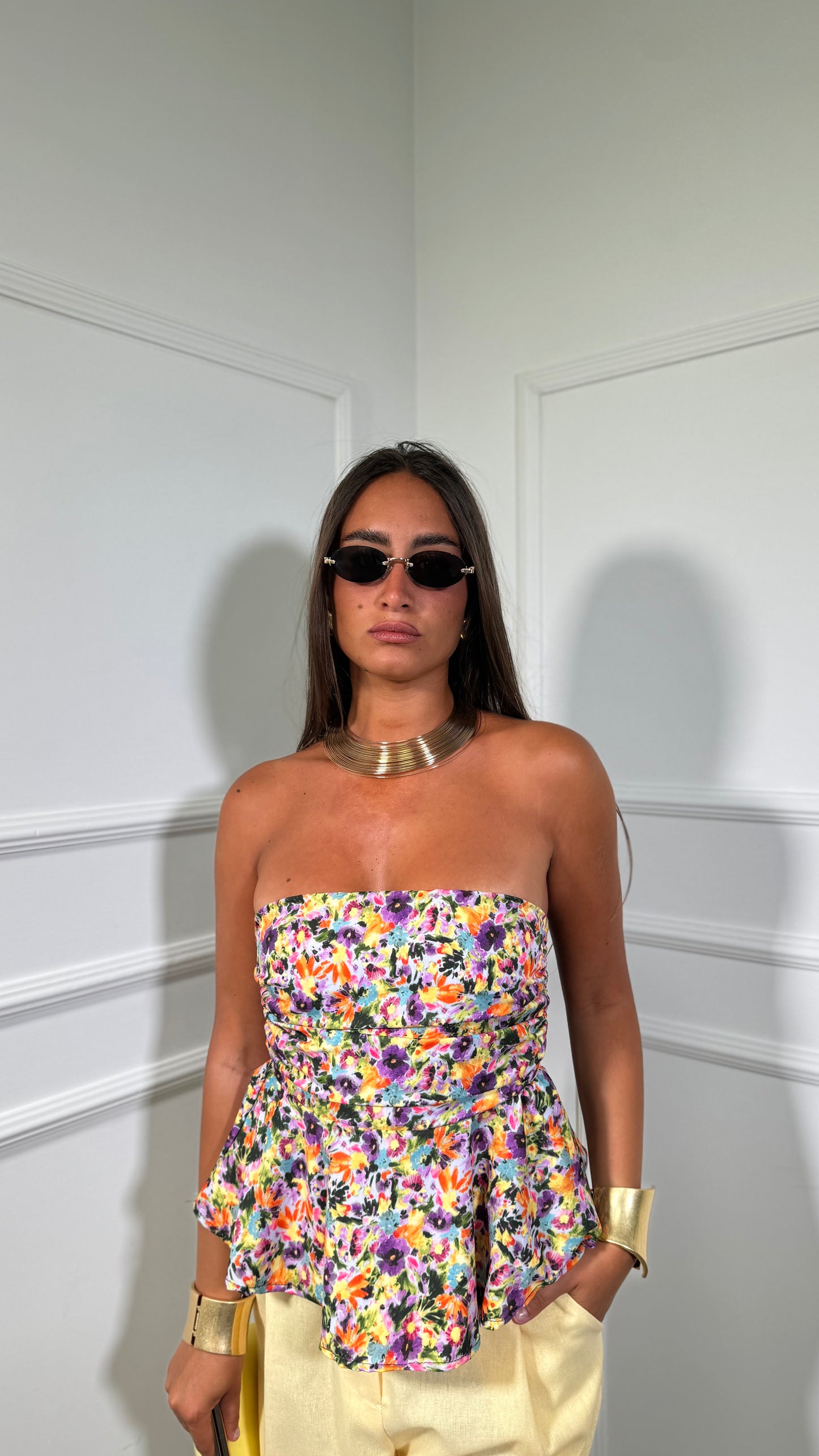 Top a fascia con fiori Penny lilla/giallo 31093
