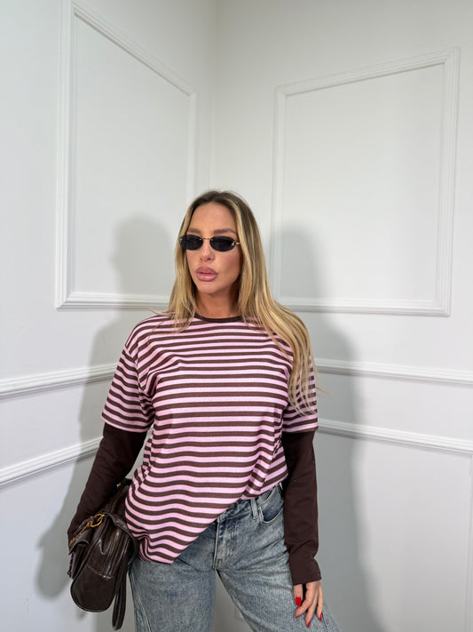 Shirt a righe con doppia manica Camy rosa/cacao 3626