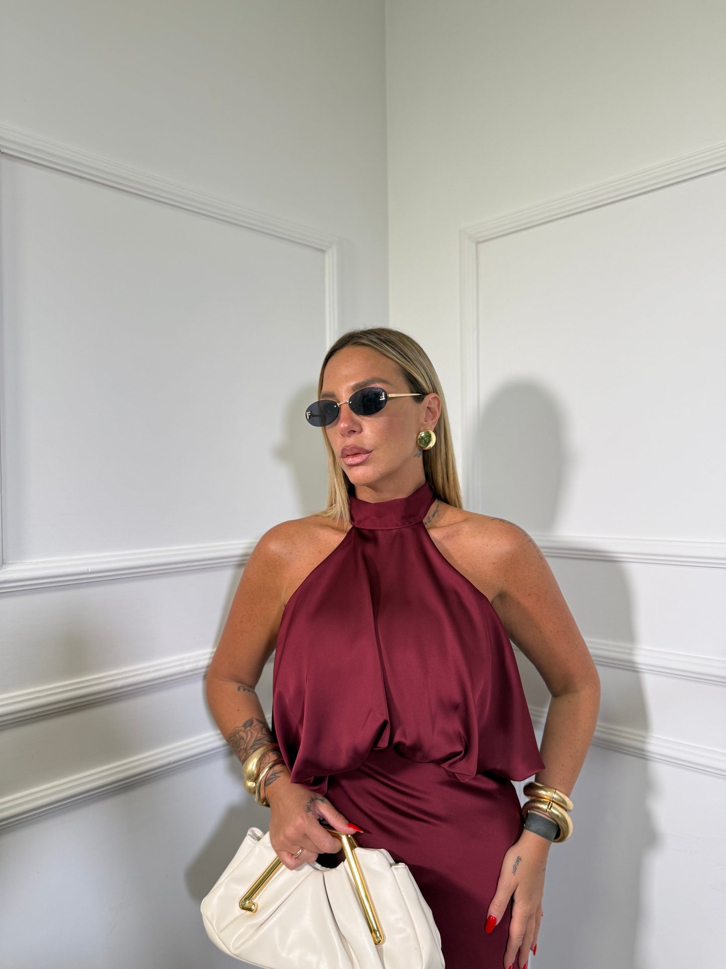 Abito lungo in satin Montecarlo bordeaux 27826